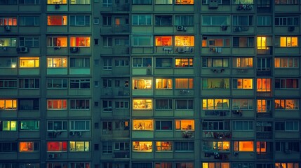 Wall Mural - The image showcases an evening scene of a high-rise apartment building with numerous windows illuminated, displaying the vibrant lives of the residents inside.