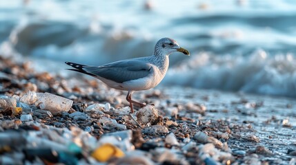 A seabird walking through plastic waste on a beach, representing the dire consequences of pollution on marine life and ecosystems