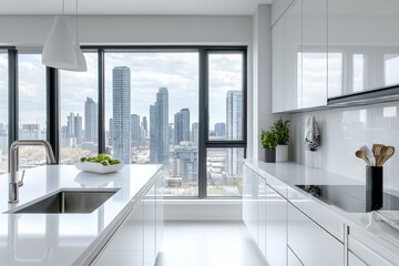 Wall Mural - modern monochromatic kitchen with a focus on clean lines, crisp white walls and cabinets, white quartz countertops, and a beautiful city view from the window