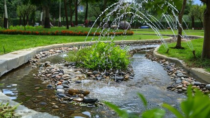 Poster - A small stream of water flows through a park