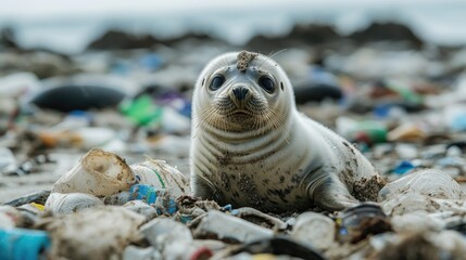 A seal pup surrounded by plastic waste on a beach, representing the harsh reality of pollution's impact on marine wildlife and ecosystems