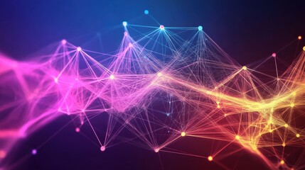 Poster - colorful abstract digital network with luminous nodes and interconnected lines displaying motion and