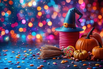 Wall Mural - Festive Halloween scene with pumpkins, witch hat, and colorful bokeh lights