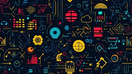 Leinwandbilder - Colorful abstract digital technology background featuring data graphs, icons, and geometric shapes in a dark theme