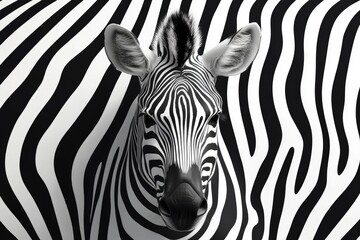 Zebra head emerging from black and white stripes background