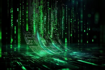 Poster - Futuristic digital data streams in vibrant green hues against a dark backdrop.