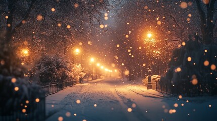 Wall Mural - Evening walk along a snowy street, with glowing streetlights and softly falling snow creating a serene winter scene. 4K hyperrealistic photo.