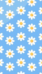 Blue Background, Seamless Pattern with Cute White Simple Daisy Flowers. Chamomile Floral Backdrop..