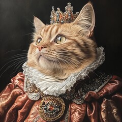 Wall Mural - A hyper-realistic portrait of a cat dressed in royal garb, showcasing its regal and majestic aura 9:16 --v 6.1 Job ID: 8d785161-2d14-4176-bc08-98d8135a0c4b