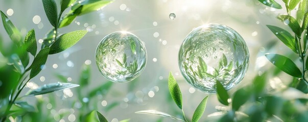 Poster - Close-up of two transparent spheres floating among green leaves with sparkling light reflections in a serene natural setting
