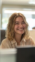 Poster - A woman with blonde hair is smiling and sitting in front of a computer