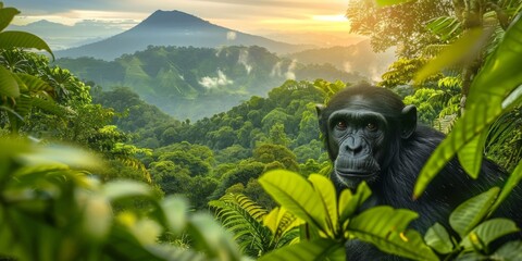 Canvas Print - A close-up view of a gorilla observing its surroundings in a lush, green rainforest