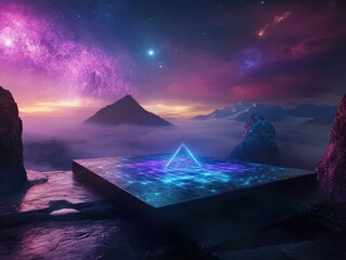 Wall Mural - Futuristic Sci-Fi Landscape with Neon Pyramid and Starry Sky in a Mountainous Terrain