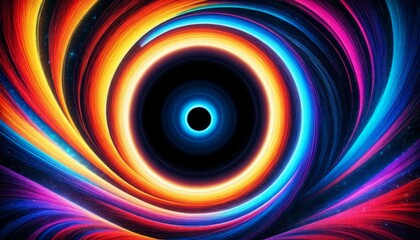 Wall Mural - A mesmerizing spiral vortex of vibrant light waves creates a dynamic and colorful abstract art piece. The vivid colors swirl around a central black hole, drawing the viewer into the hypnotic design.