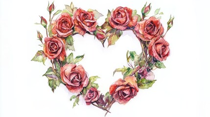 Aufkleber - A heart shape created from beautifully arranged watercolor roses with green leaves on a light background