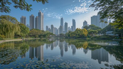 Poster - A city skyline is reflected in a large body of water