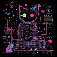Poster - Neon Cat Robot in a Futuristic World of Lines and Shapes