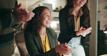 Aufkleber - Applause, computer and smile with team of business people at desk in office for success. Collaboration, meeting or support with man and woman employee group clapping in workplace together at night
