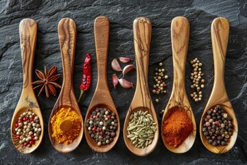 Wall Mural -  view of 6 wooden spoons full of spices untidy on a slate table