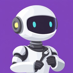 Poster - Robot Hold Wrench Icon On Blue Background Modern Technology Stock Concept Flat Illustration