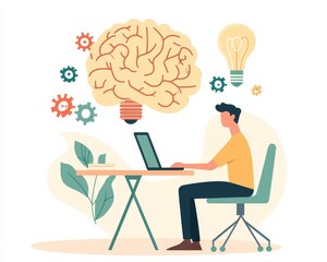 Poster - An office worker or programmer is learning about digital technology on a computer, cloud storage with data in a flat modern illustration. Education, AI concept for a banner.