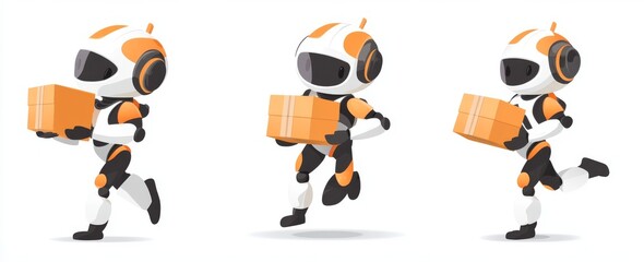 Poster - Set design featuring robots with helmets and boxes in standing and holding gestures. Illustration of ai delivery robots.
