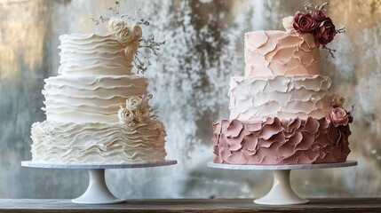 Wall Mural - Elegant two-tier wedding cakes with textured frostings and floral accents displayed on rustic stands at a celebratory event