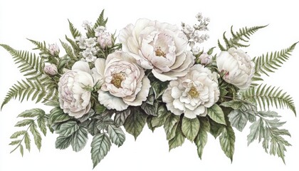 Canvas Print - Elegant White Roses and Ferns.