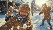 © Влада Яковенко - Family enjoying a snowball fight in the yard, their faces filled with laughter and joy as snowflakes fall around them. 4K hyperrealistic photo.