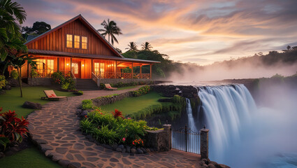 Wall Mural - illustration of a house by a waterfall in a beautiful forest