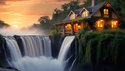 Wall Mural - illustration of a house by a waterfall in a beautiful forest