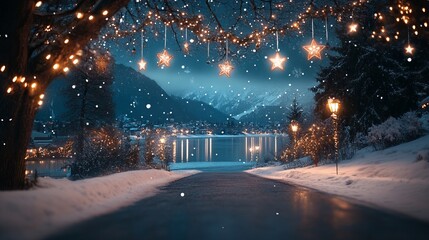 Christmas stars hanging in the night sky, casting a soft, magical glow over a snow-covered landscape, creating a serene holiday scene. 4K hyperrealistic photo.