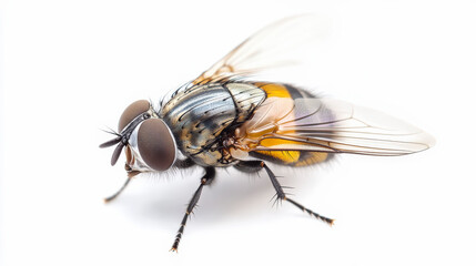 A detailed close-up image of a housefly with translucent wings, large compound eyes, and segmented body, set against a clean white background.