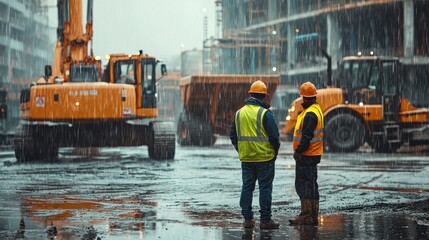 The back of an engineer wearing a yellow vest and orange helmet stands in front of an excavator on a construction site, with heavy rain falling from the sky. It is a rainy day with a blurred backgroun