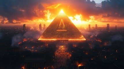 Wall Mural - A glowing pyramid amidst a fiery sunset over a bustling cityscape.