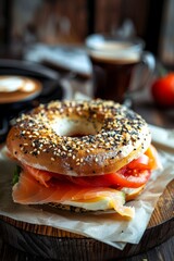 Wall Mural - a creamy bagel, Cheese, tomato and salmon inside, closeup shot, with ice coffee