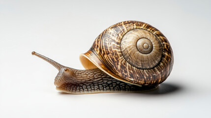 A close-up image of a snail with a detailed spiral shell against a plain white background.