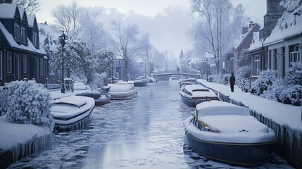 Wall Mural - Strolling along a frozen canal in a quiet neighborhood, with snow-covered boats and icy water. 4K hyperrealistic photo.