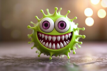 This is an Stock fantasy illustration of a smiling green virus character