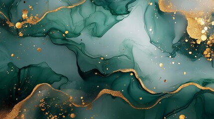 Marble green liquid watercolor background with gold wave pattern. Dusty grey emerald alcohol ink drawing effect with golden stains