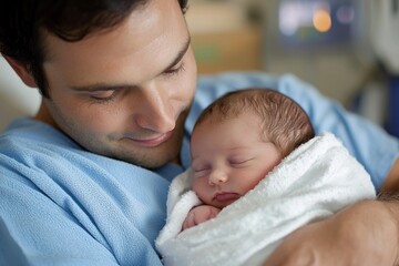 A newborn baby wrapped in a soft white blanket, being held tenderly by his father in a blue, plain hospital gown.