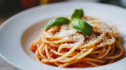 A plate of whole grain pasta with a rich tomato and basil sauce, garnished with grated