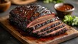 © Sanych - A perfectly smoked beef brisket sliced and presented on a wooden board, displaying the charred crust and juicy inside