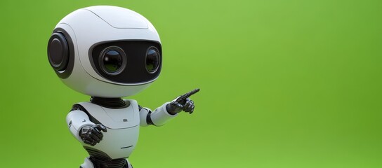 Poster - On a green background, a cute mini robot points to the copy space with two fingers.