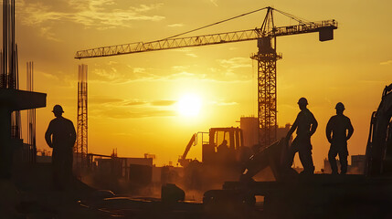 sun rises, the silhouettes of construction workers and machines stand tall