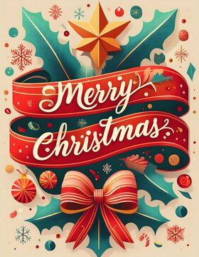 Christmas Flat Banner with Text and Ribbon - greeting flyer card featuring Merry Christmas typography and Holiday decorations. Festive vibrant colors. Graphic art illustration
