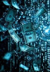 Poster - Digital collage of falling money and broken glass in a futuristic blue setting with binary code