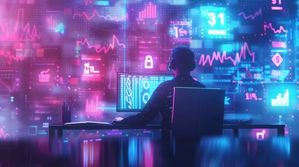 Poster - A professional analyzing data trends on multiple screens, with vibrant neon graphics depicting statistics and security.