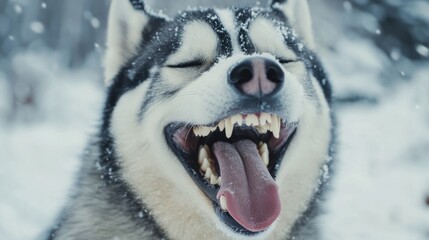 A close-up of a Siberian Husky tongue and sharp teeth as it pants happily after a run through the snow