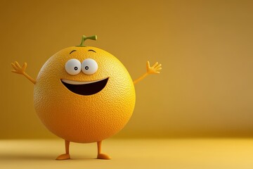 Wall Mural - Cartoon orange character with a cute smile. Orange fruit cartoon character with a happy happy happy smile. Healthy food concept.